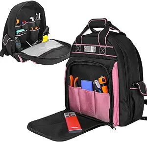 Tool Backpack Multi Pocket Tool Bag with Anti Slip Feet and Reflective Strips Durable Oxford Fabric Ideal for Industrial and Electricians Backpack Tool Bag Multipurpose Toolbox (Pink)