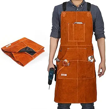 QeeLink Leather Welding Work Apron with 6 Tool Pockets, Heat & Flame Resistant Welder Aprons, 24" x 36", Adjustable M to XXXL