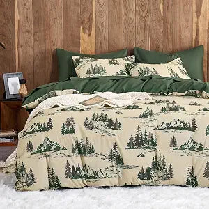 Wake In Cloud - Rustic Comforter Set, Cabin Lodge Cottage Country Charm with Mountain and Natural Forest Theme, Soft Lightweight Bedding, 3 Pieces, Green Brown, Queen Size