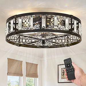 LEDIARY 20" Caged Ceiling Fans with Lights,Flush Mount Vintage Victorian Rustic Crystal Fandelier,Low Profile Farmhouse Enclosed Ceiling Fan with Light and Remote for Bedroom,Kitchen,Indoor(Black)