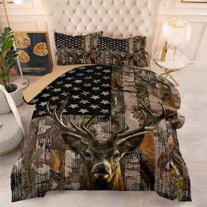 Tailor Shop 5PCS Deer Comforter Sets Queen Bedding for Boys Kids Teens,American Flag Camo Bedding Sets Hunting Comforter Sets