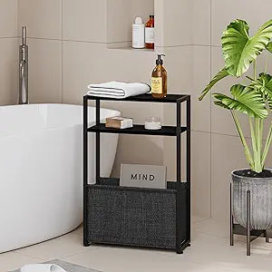 Leomonio Narrow Side Table, Slim End Tables with Fabric Basket, Skinny Table for Small Spaces, Thin Bedside Table for Living Room, Bedroom (1, Ebony Black + Slate Gray)