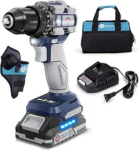 20V Cordless Drill Driver, Electric Power Brushless Drill 60N.m with 1/2" Metal Keyless Chuck, 20+1 Torque 2 Speed, LED Light, Tool bags, Battery & Charger for Furniture, Home DIY,Beginner, Repairing