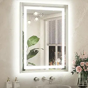TETOTE 24 x 32 Bathroom LED Mirror Brushed Nickel Metal Frame Frontlit & Backlit Vanity Mirror Anti-Fog Stepless Dimmable 3 Colors White/Warm/Natural Mirror with Lights Wall-Mounted
