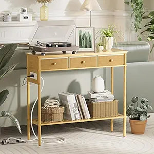 38" Entryway Table Console Table with 3 Fabric Drawers, Small Entry Way Table with Power Outlets, Bamboo Narrow Sofa Table with Storage Shelves for Living Room, Hallway, Foyer, Entrance