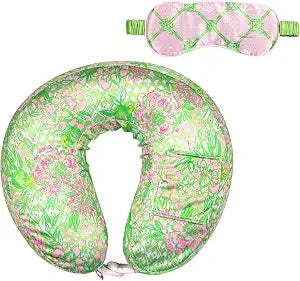 Lilly Pulitzer Airplane Travel Essentials with Travel Neck Pillow and Sleeping Mask, 2 Pieces, Lime Feeling Good