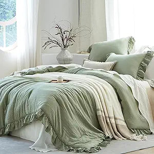 Sage Green Ruffle Comforter Set Queen, Pre-Washed Shabby Chic Bedding Set, Lightweight Cottagecore Soft Romantic Cozy 1 Comforter & 2 Shams, All-Season