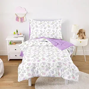 Wake In Cloud - Toddler Bedding Set for Girls, Colorful Botanical Floral Cottagecore, 4 Pieces Soft Crib Bed Set Including Comforter, Sheets and Pillowcase, Purple White