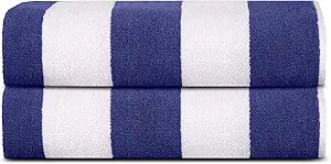SweetNeedle Oversized 2 Pack Beach Towels for Adults - Royal Blue White Cabana Striped Classic - 100% Cotton Terry Ringspun Pool Towel, Quick Dry, Absorbent Swimming Large Towel, 39 by 59 Inches
