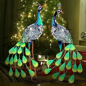 Kircust Solar Metal Peacock Statues - Set of 2 Weatherproof Outdoor Decor with Solar Lights for Garden, Yard, or Patio - Elegant Peacock Gifts