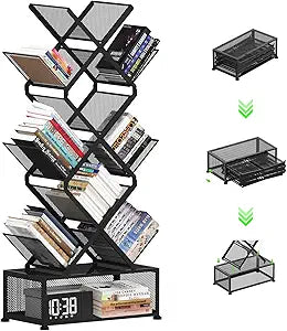 Gintan 9-Tier Space Saving Book Shelf with Storage,Bedroom Shelves Folding Bookshelves,No Installation Required Shelf Tree Metal Bookshelf for Living Room,Study,Home Office,Bed Room (Black)