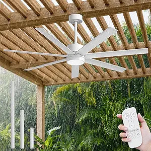 Wet Rated Outdoor Ceiling Fan with Light and Remote, IP65 Waterproof All Weather for Patio, 56 Inch White Ceiling Fans with 7 UV-Proof Blades, High CFM Quiet DC Motor, for Exterior Porch, Gazebo