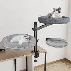 Double Cat Desk Bed, 360 Rotating Elevated Desk Cat Bed, Adjustable Raised Desk Kitten Bed Up to 80 LBS, Washable Soft Fabric Pet Desks Nest Beds, Cat Hammock Wall Mounted for Office and Game Tables