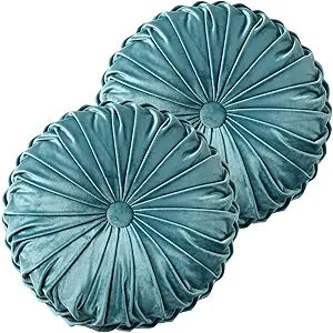 HIG Set of 2 Teal Ruched Velvet Round Throw Pillows  14.5 Decorative Pillows with Soft Polyester Filling for Couch, Bed, Living Room, Bedroom, or Dorm  Handmade, Stress Relieving, All-Season