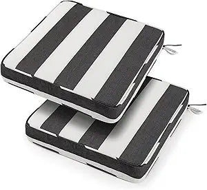 18x18x3 Inch Outdoor Square Corner Chair Cushions with Ties Set of 2, Water&Fade Resistant Thick Seat Cushion Pads for Garden Patio Dining Porch Furniture - Black Ivory Striped