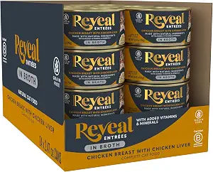 Reveal Entres Chicken Breast with Liver Wet Cat Food in Broth, 24-Pack, High Qualiity Protein, Grain-Free with Added Vitamins & Minerals, Carrageenan-Free (24 x 2.47 oz Cans)