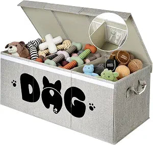 Dog Toy Basket with Lid, 3 Compartments Dog Basket for Toys, Dog Toy Box with 2 Removable Dividers, Collapsible Storage Bins for Dog Toys, Dog Storage Organizer, Gray