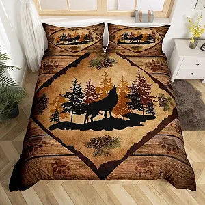 Wolf Bedding Set,Jungle Pine Cones Trees Wild Animal Duvet Cover for Kids Teens Adults,Paw Print Retro Wooden Stripes Rustic Style Comforter Cover with 2 Pillowcases(No Comforter) King Size 3 Pcs
