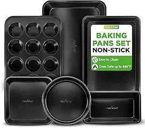 NutriChef Stackable Non-Stick Baking Pan Set  Carbon Steel Bakeware Set w/ Cookie Sheet, Muffin & Loaf Pan, Double Coated for Easy Release, Oven & Dishwasher Safe, Resists Warping,  Easy to Clean