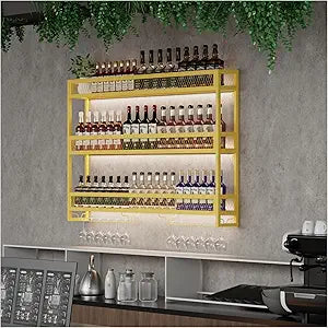 Wine Rack with LED Light Metal Wine Rack Wall Mounted, 3-Tiers Bar Liquor Shelf with Wine Glass Holder, Industrial Liquor Bottle Display Storage Shelf for Home Bar, Dining Room (Gold, 100cm)
