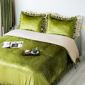 GLORY SEASON Velvet Duvet Cover Set Retro Ruffle Flounces Trim Luxurious Solid Olive Green Farmhouse Vintage Comforter Cover Bedding Sets, Matching Shams for Home Bedroom Decor, Queen 90"x90"