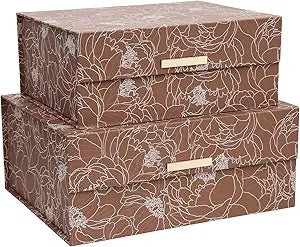 2-Piece Decorative Keepsake Storage Boxes with Lids, Warm Cocoa Brown Floral Line Art Design, Memory Boxes with Decorative Metal Accents, Stackable Decorative Storage for Home Dcor