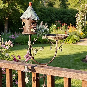 HLQMFHT Deck Bird Bath, Metal Bird Bath and Bird Houses, Decorative Deck Mounted Bird Baths, Detachable and Adjustable Sturdy Deck Bird Bath for Outdoor Porch Yard Garden Decoration