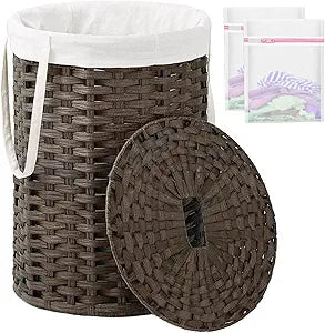 SETVSON Laundry Hamper with Lid, 19.0 Gal (72 L) Round Wicker Laundry Basket, Handwoven Rattan Basket with Lid, Removable Bag, 2 Mesh Bags, Handles for Living Room, Bathroom, Brown