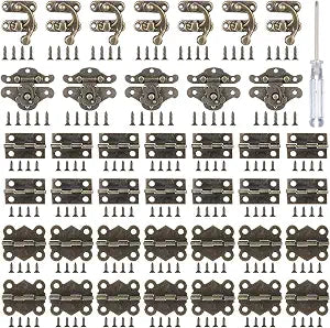 108 Sets Retro Jewelry Box Hinges and Latches Hardware, Antique Brass Finish Iron Hinges with Screws Screwdriver for Wooden Jewelry Box, Decorative Cabinet, Vintage Trunk Repair(Catch*36 + Hinges*72)