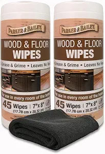 Parker & Bailey Wood & Floor Cleaning Wipes  (2) 45 Pre-Moistened Wood Cleaner Wipes with Microfiber Cloth for Hardwood Floors, Cabinets, Furniture, Doors & Trim