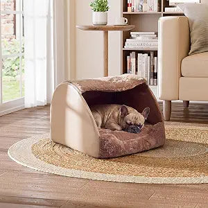 LATIBELL Indoor Dog House and Foldable Pet Tent, Covered Cave Bed for Small Dogs and Cats, Removable Washable Puppy Kennel with Soft Cushion (Brown)