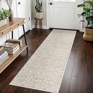 SIILOOM 2x7 Washable Runner Rug for Hallways, Cream Beige Yellow White Grey Soft Classic Kitchen Rugs with Non-Slip, Non-Shedding Distressed Floral Rug for Hallway Entryway Bathroom Laundry Indoor