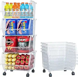 TidyFriend Plastic Stackable Storage Bins Clear - 4 Pack Large Open Front Bins For Toy Organizers and Pantry, Kitchen, Bathroom Essentials