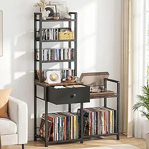 CD Rack with Drawer, 7-Tier DVD Storage Shelf with Vinyl Storage, Media Storage Cabinet for 150 DVDs or 300 CDs, 75 Vinyl Records, Books & Games, Record Player Stand for Living Room & Home Office