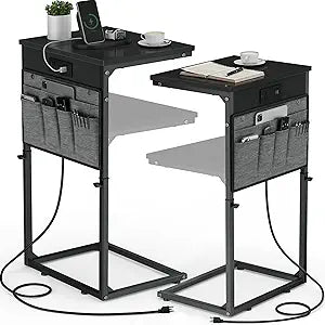 Vagusicc C-Shaped End Table Set of 2 with Charging Station, Small Side Table for Couch, Adjustable Height Couch Side Table, Slide Under Sofa Table TV Tray Tables for Living Room,Bedroom,Bedside, Black