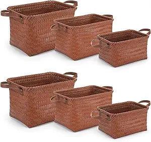 Gisafai 6 Pack Handwoven Wicker Storage Baskets, 3 Sizes Rectangular Woven Laundry Baskets with Leather Handles, Decorative Rattan Closet Organizers and Storage Bins for Shelves, Clothes, Blankets