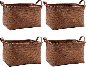 GIB Wicker Storage Baskets for Shelves, Woven Storage Basket for Organizing Blanket Clothes, Laundry Hampers Closet Storage Bins Car Bedroom Bathroom Organizers with Handles, Brown 4 Pack