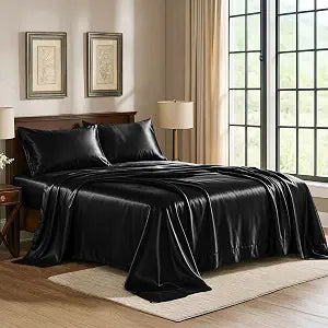 Pure Bedding Satin Sheets Queen [4-Piece, Black] Hotel Luxury Silky Bed Sheets - Extra Soft 1800 Microfiber Sheet Set, Wrinkle, Fade, Deep Pocket Fitted Sheet, Flat Sheet, Pillow Cases