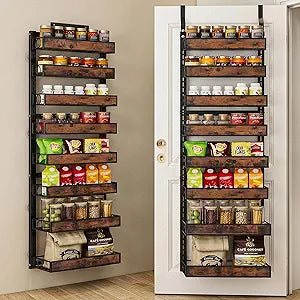 8 Tier Over The Door Pantry Orangizer 2 IN 1 Wall Mounted or Hanging Spice Rack with Adjustable Wood Basket,Heavy Duty Seasoning Storage Shelf for Kitchen Pantry and Bathroom