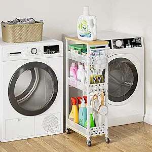 4 Tier Slim Rolling Storage Cart, Laundry Room Cart on Wheels, Small Metal Bathroom Cart Kitchen Organizer Trolley with Handle and Mesh Basket, 7.1 inch Width for Narrow Space, White