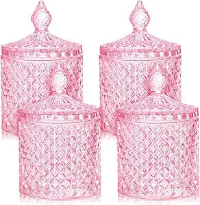 Aoriher 4 Pcs Crystal Glass Candy Jar Set with Lids Home Decorative Storage Jars for Apothecary, Bathroom, Kitchen, and Pantry, Ideal for Cotton Swabs and Jewelry (Large,Pink)
