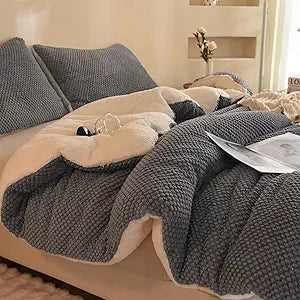 LLanCL 3D Jacquard Design Comforter Set, Ultra-Soft Warm Full Size Sherpa Fur Plush 3-Pieces Sets Luxury Cozy Bedding with 2 Pillowcases (80"x90", Grey)