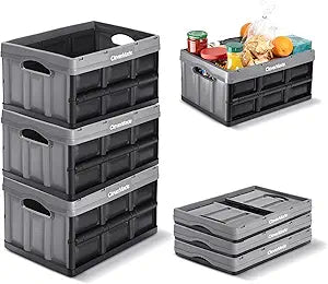 CleverMade Collapsible Storage Bins 32L 3 Pack  Heavy Duty Foldable Storage Bins with Built-In Handles for Garage Storage and Home Organization - Stone