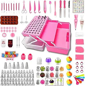 Cake Decorating Kit, 387 Pcs Baking Supplies Tools with 56 Icing Tips, 8 Russian+Ball Tips, 3 Spatulas, 5 Couplers, 8 Carved Pens, 102 Pastry Bags, Storage Box & More, (Pink)