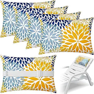 Lineshading 4 Pcs Chaise Lounge Pillow with Strap Outdoor Waterproof Pool Chair Neck Headrest Pillows with Adjustable Elastic Band for Beach Patio Chair Recliner(Yellow,Floral)