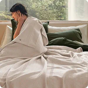 Bedsure 100% Certified Organic Cotton Blanket - Queen Size, Soft & Breathable Luxury Blankets for Bed, All Seasons Waffle & Herringbone PureWoven Textured Thermal Blanket for Adults, Kids, Beige