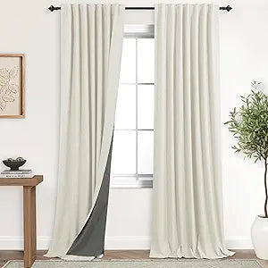 Linen 100% Blackout Black Out Curtains 96 Inch Long 2 Panel Set,Floor to Ceiling Curtain for Living Room,Rustic Pottery Textured Sliding Barn Door Curtain Drapes Bedroom Furniture Decor Cream Beige