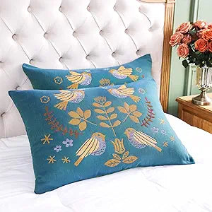 VANJOROY 100% Organic Washed Cotton King Boho Pillowcases for Skin-Friendly Set of 2-1000 Thread Thick Count, Bird Pattern Pillow Shams Cover, Soft Breathable Pillow Cases,20x36 Inches-Teal