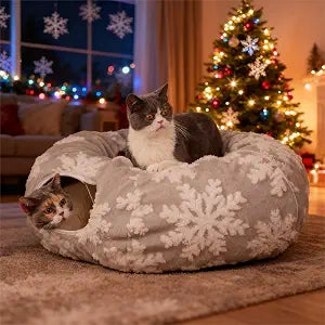 Cat Tunnel with Bed  Soft Plush Peekaboo Donut Cave for Indoor Cats | Under Christmas Tree Hideaway & Multifunctional Playground Toy for Kittens, Rabbits, Ferrets (Short-Pile Fabric Snowflake)
