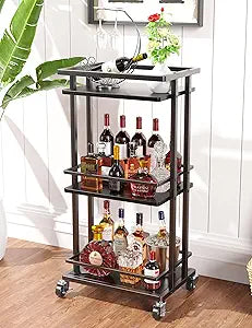 OKZEST 3 Tier Bar Cart for Home, Rolling Mini Liquor Bar for Wine Beverage Dinner Party, Utility Kitchen Storage Island Serving Cart on Wheels, Coffee Bar Cabinet for Kitchen Dining Living Room, Black